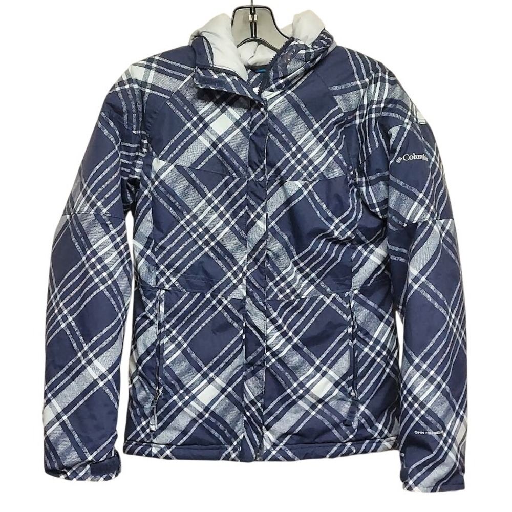 Columbia Kids Omni-Shield Puffer Jacket‎ Navy Blue White Plaid Hooded Size 14/16